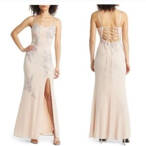 XSCAPE Embellished Slitted Glitter-knit Lace up Scoop Neck Maxi Prom Dress